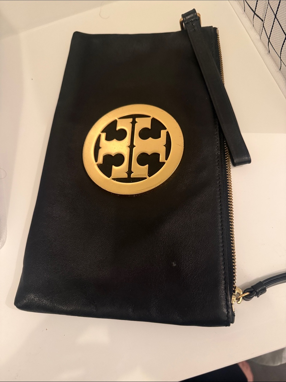 Tory Burch Charlie Clutch - Black Leather Gold Emblem